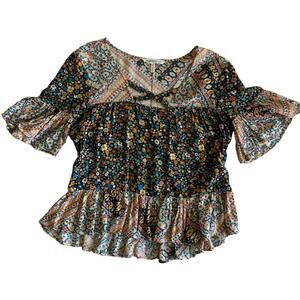 BCBGeneration Boho Flower Print Ruffle Blouse Size XS